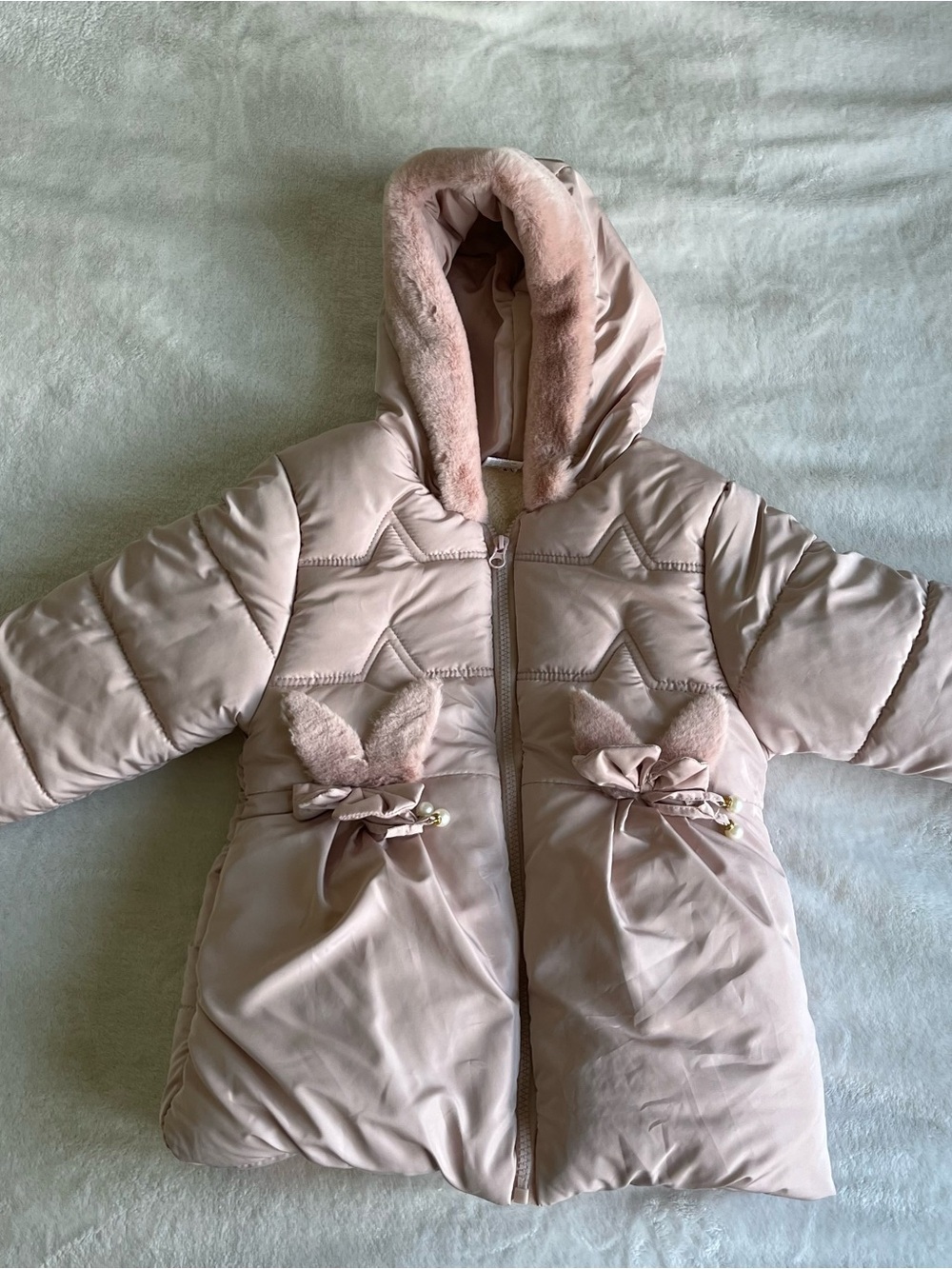 5T Blush Pink Hooded Puffer Jacket Coat with Faux Fur Trim